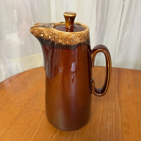 Vintage Hall Pottery Pitcher Coffee Pot Brown Drip Glaze With Lid - Picture 1 of 10